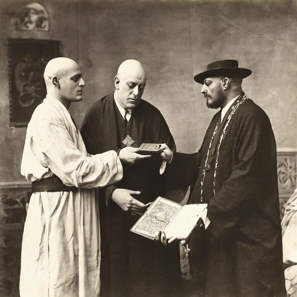 Image with seed 1850625893 generated via Stable Diffusion through @stablehorde@sigmoid.social. Prompt: Aleister Crowley receiving Liber AL vel Legis from Aiwass in Cairo, Egypt.