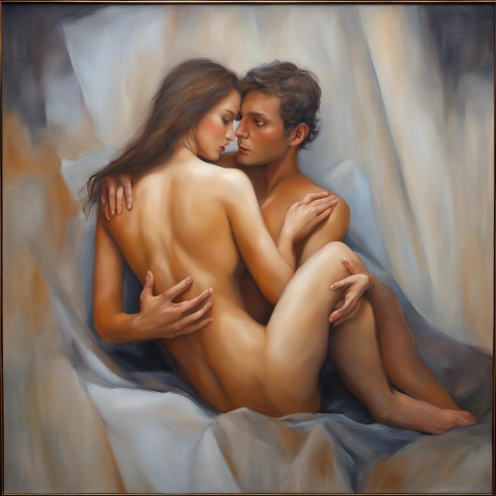 Image with seed 3958239585 generated via Stable Diffusion through @stablehorde@sigmoid.social. Prompt: The Lovers, romantic, sensual, erotic, nude, oil on canvas