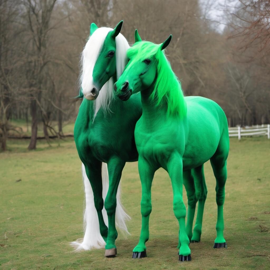 Image with seed 1612184584 generated via Stable Diffusion through @stablehorde@sigmoid.social. Prompt: a photograph of a green unicorn kissing a dun earth pony
