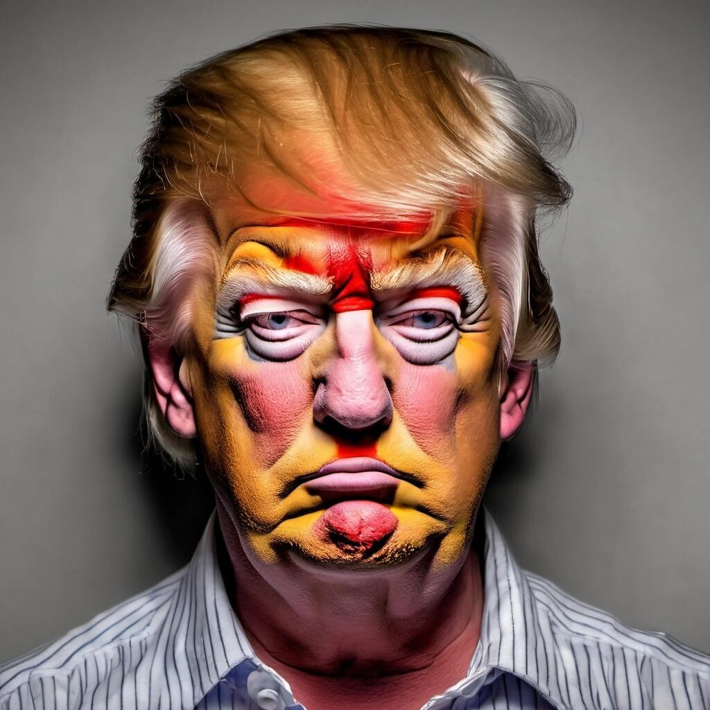 Image with seed 3843960297 generated via Stable Diffusion through @stablehorde@sigmoid.social. Prompt: Donald Trump. Sad old orange clown. He got arrested. Very sad. Mugshot.