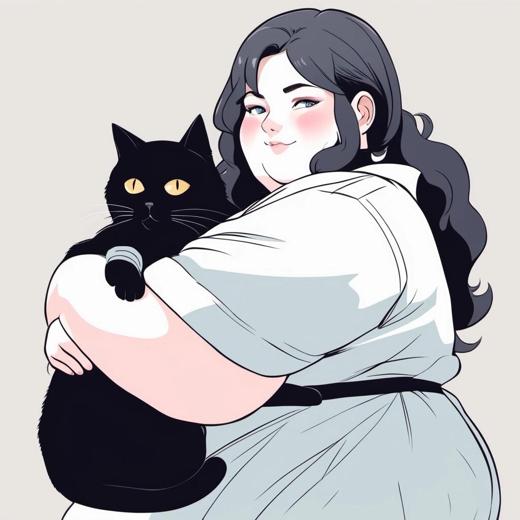 Image with seed 3448392195 generated via Stable Diffusion through @stablehorde@sigmoid.social. Prompt: a picture of a cute fat woman holding a black cat in her arms in the style of an anime