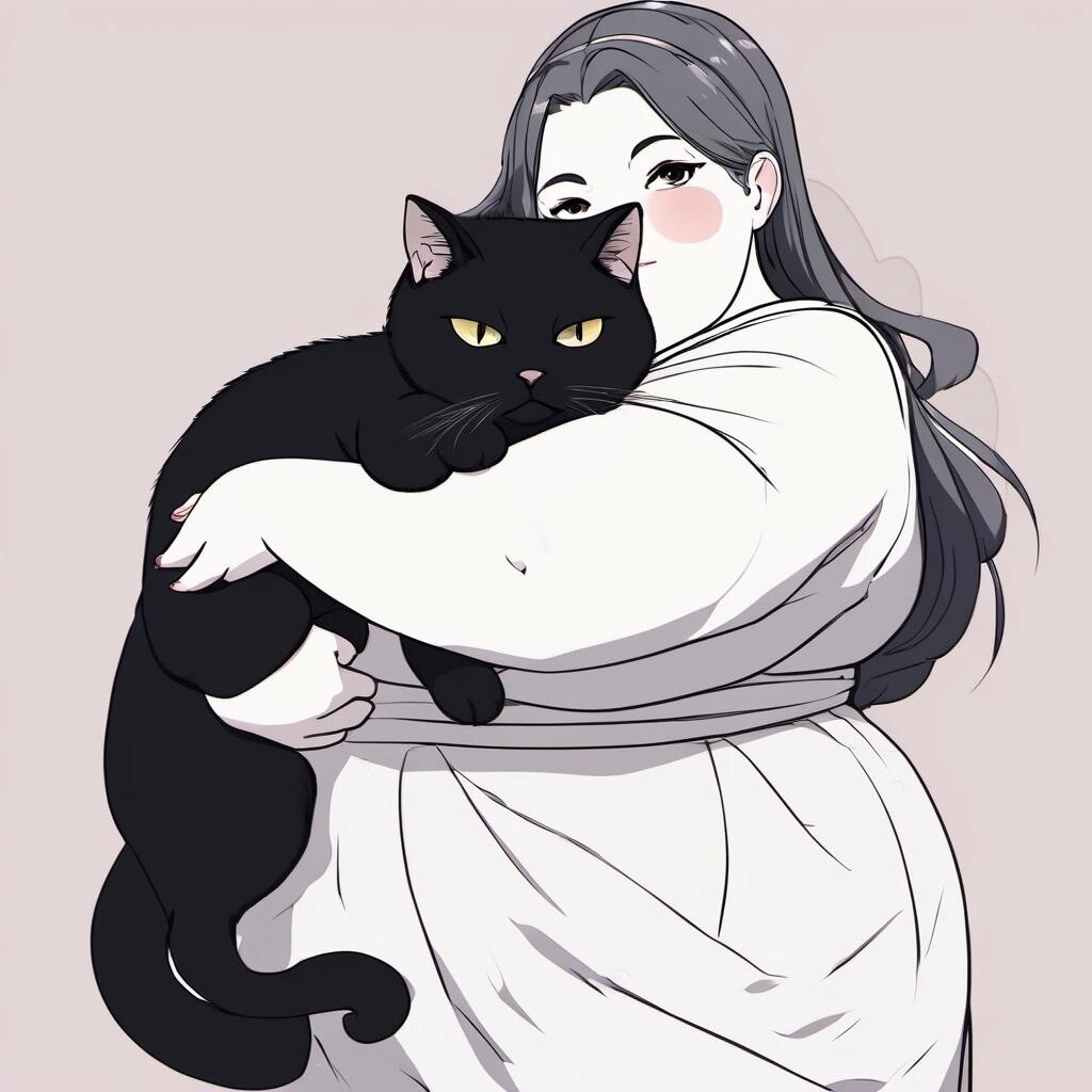 Image with seed 3448392195 generated via Stable Diffusion through @stablehorde@sigmoid.social. Prompt: a picture of a cute fat woman holding a black cat in her arms in the style of an anime