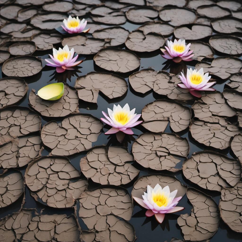 Image with seed 3519060605 generated via Stable Diffusion through @stablehorde@sigmoid.social. Prompt: water lily flowers blooming on dried cracked mud