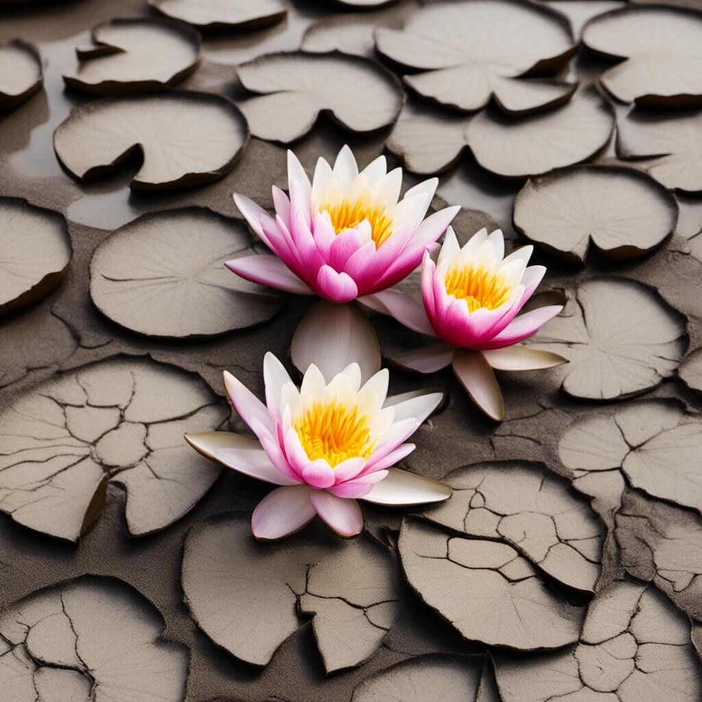 Image with seed 3519060605 generated via Stable Diffusion through @stablehorde@sigmoid.social. Prompt: water lily flowers blooming on dried cracked mud