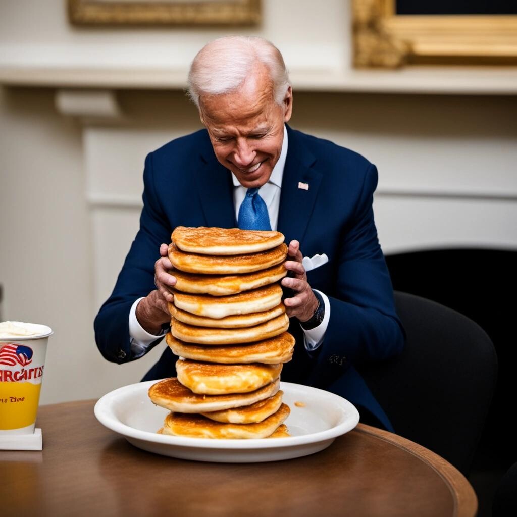 Image with seed 142202971 generated via Stable Diffusion through @stablehorde@sigmoid.social. Prompt: a photo of joe Biden hugging a McGriddle