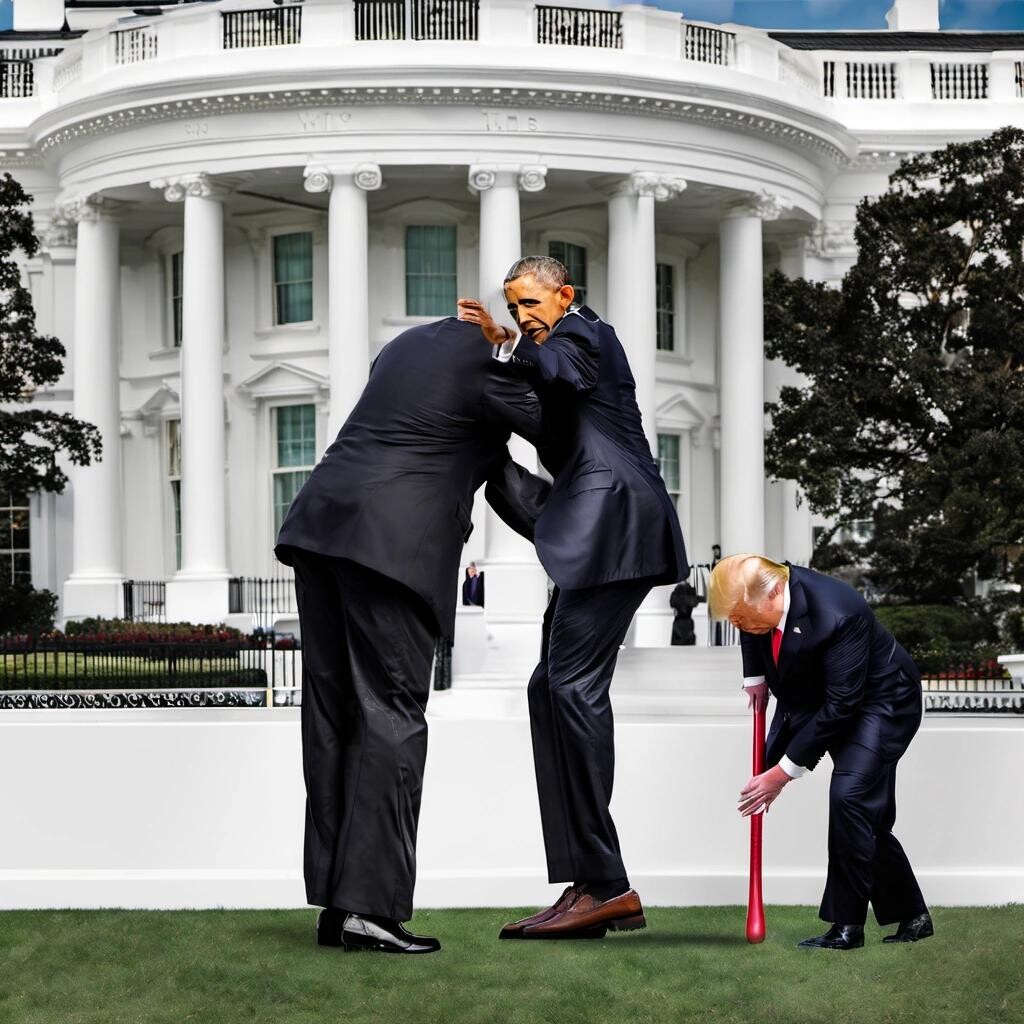 Image with seed 1099309236 generated via Stable Diffusion through @stablehorde@sigmoid.social. Prompt: Barack Obama spanking Donald Trump in front of the White House.