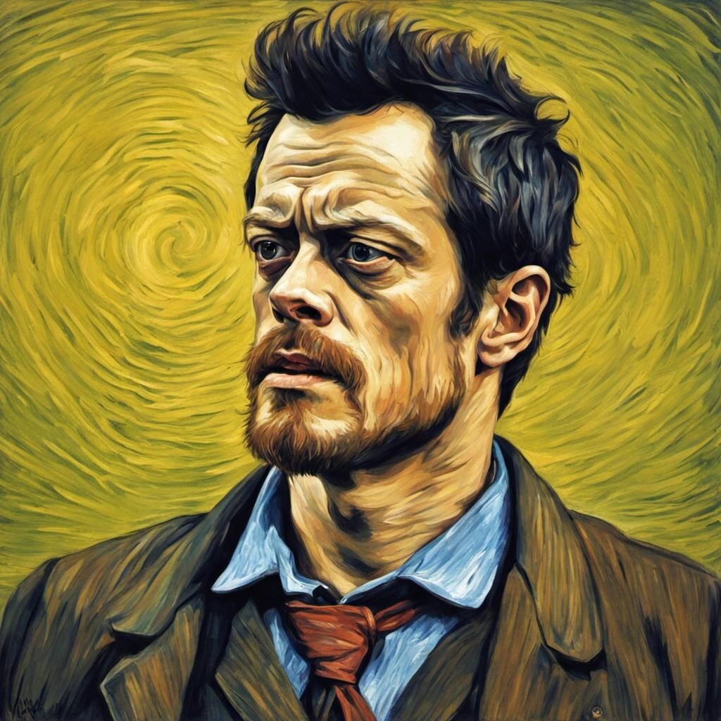 Image with seed 1671989478 generated via Stable Diffusion through @stablehorde@sigmoid.social. Prompt: Johnny Knoxville looking nervous portrait in the style of Vincent van Gogh.