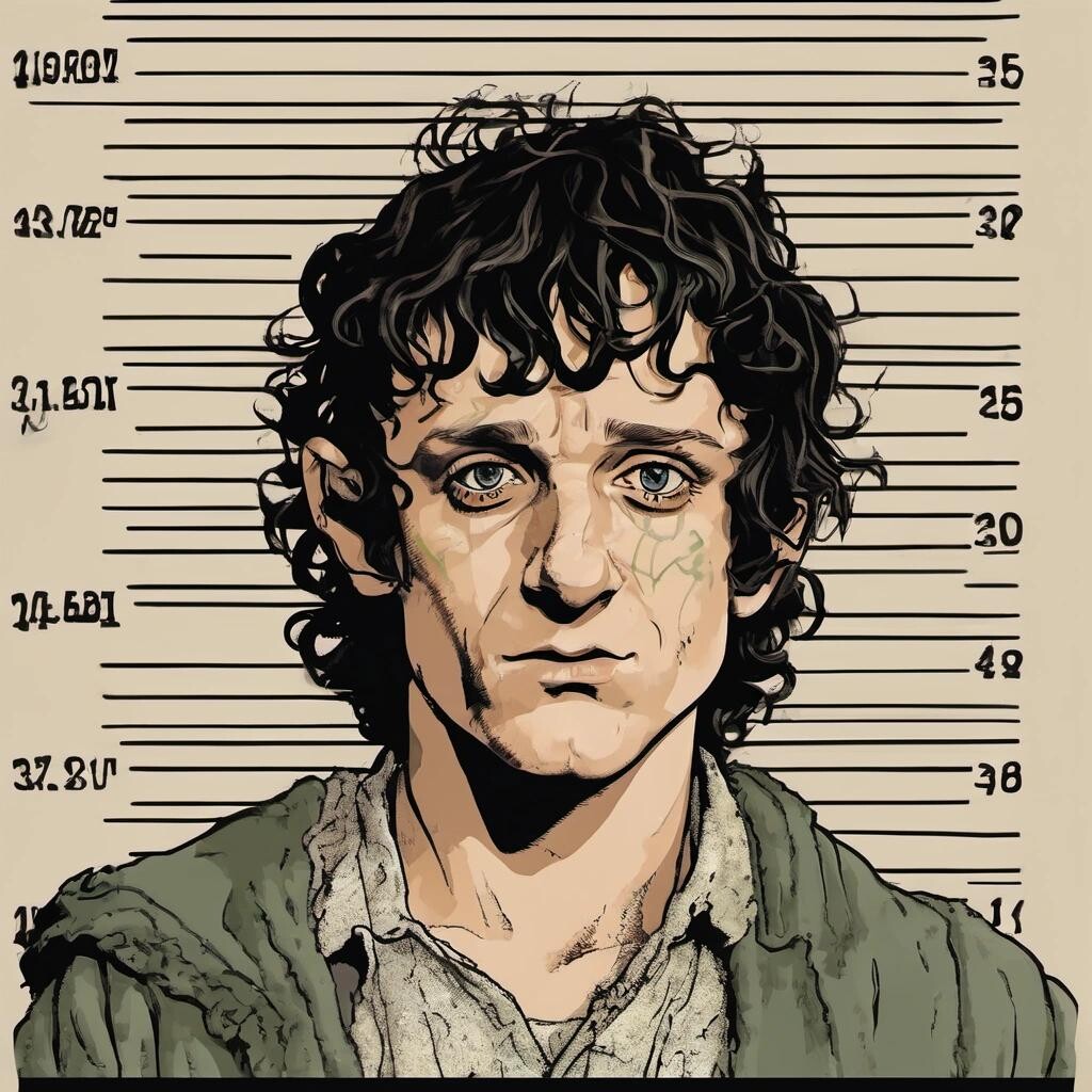 Image with seed 3828385735 generated via Stable Diffusion through @stablehorde@sigmoid.social. Prompt: Frodo Baggins looking high on drugs in a mugshot in the style of a comic book villain.