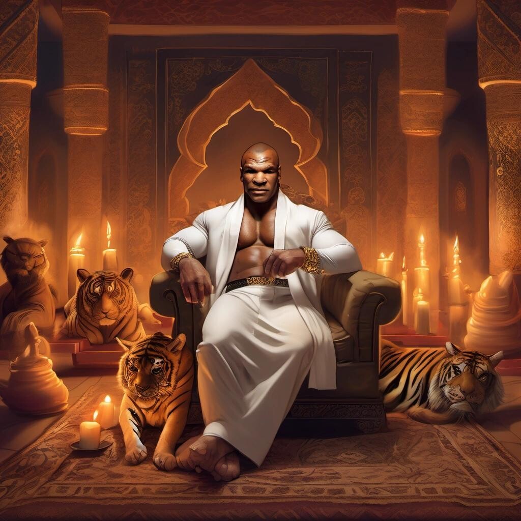 Image with seed 1627228200 generated via Stable Diffusion through @stablehorde@sigmoid.social. Prompt: Mike Tyson as an Arabian king looking smug in a luxurious Arabian room lit with candles that is filled with smoke and tigers in the style of Charles Christian Nahl.