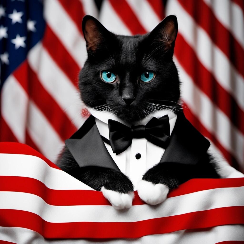 Image with seed 492669786 generated via Stable Diffusion through @stablehorde@sigmoid.social. Prompt: a tuxedo cat giving the State of the Union address