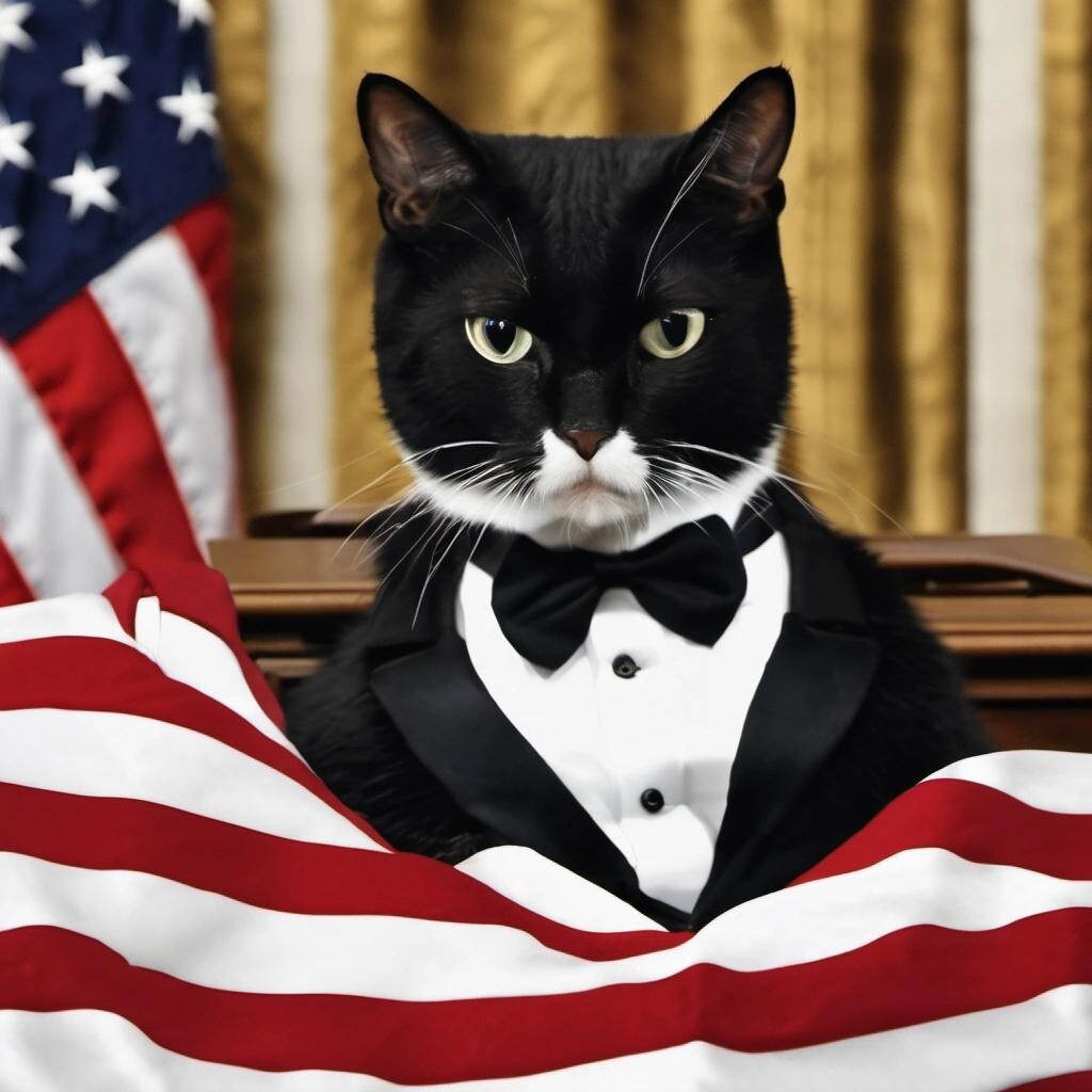 Image with seed 492669786 generated via Stable Diffusion through @stablehorde@sigmoid.social. Prompt: a tuxedo cat giving the State of the Union address