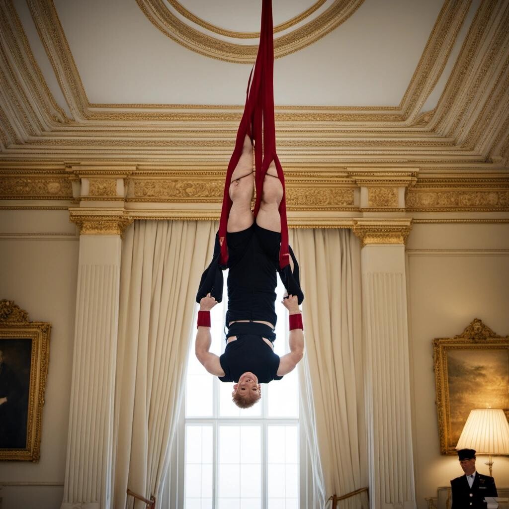 Image with seed 3647771882 generated via Stable Diffusion through @stablehorde@sigmoid.social. Prompt: Prince Harry in shibari while hanging from the ceiling of Buckingham Palace in the style of Mary Cassatt.