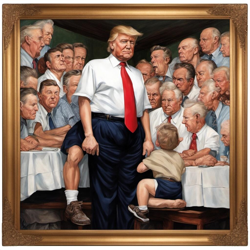 Image with seed 1931626943 generated via Stable Diffusion through @stablehorde@sigmoid.social. Prompt: Donald Trump weighs 1000 pounds in the style of Norman Rockwell.