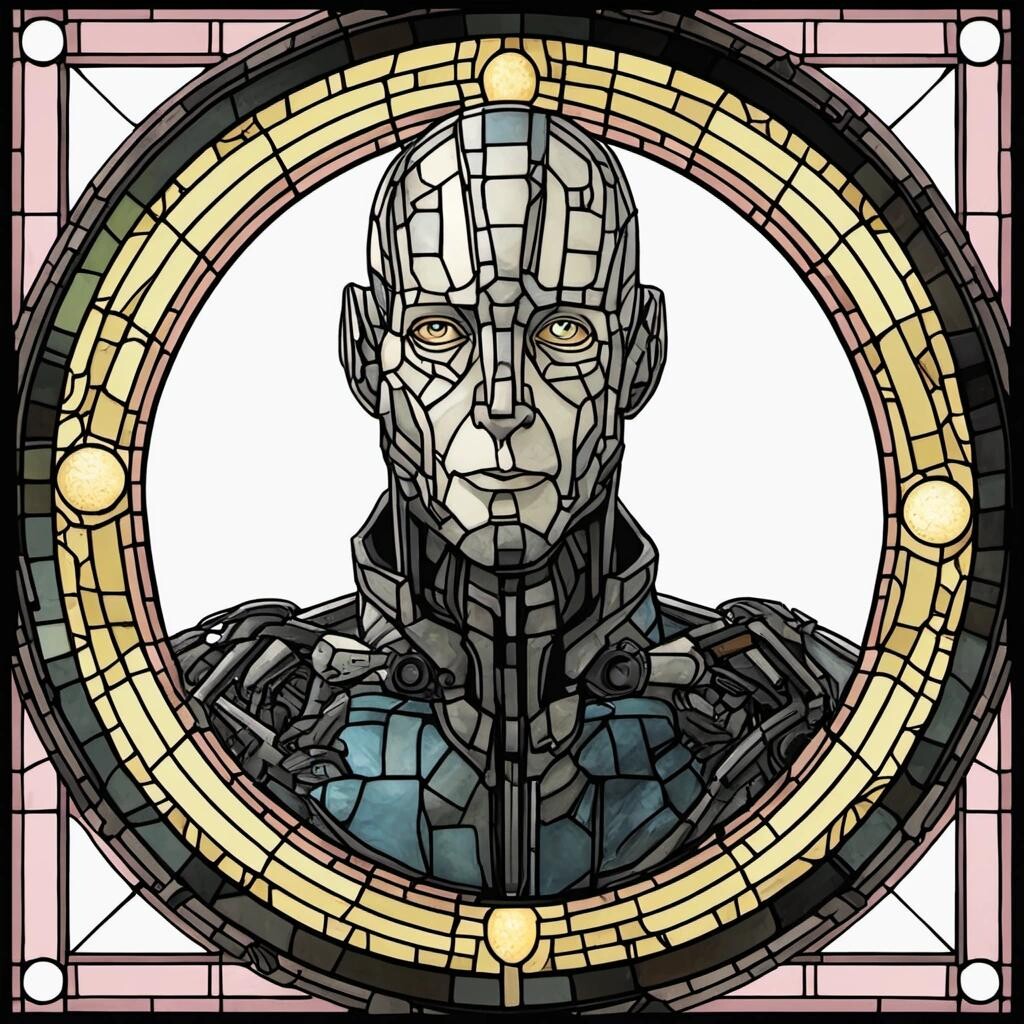 Image with seed 1309885726 generated via Stable Diffusion through @stablehorde@sigmoid.social. Prompt: Locutus of Borg in the style of a stained glass window