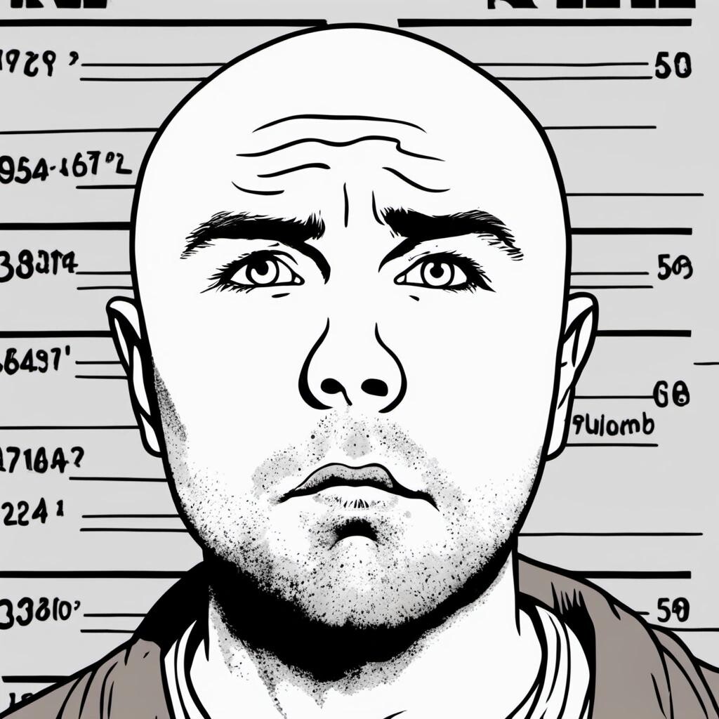 featured: Karl Pilkington looking confused in a mugshot in the style of a comic book villain.