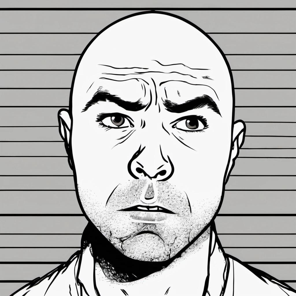 Image with seed 3986832991 generated via Stable Diffusion through @stablehorde@sigmoid.social. Prompt: Karl Pilkington looking confused in a mugshot in the style of a comic book villain.