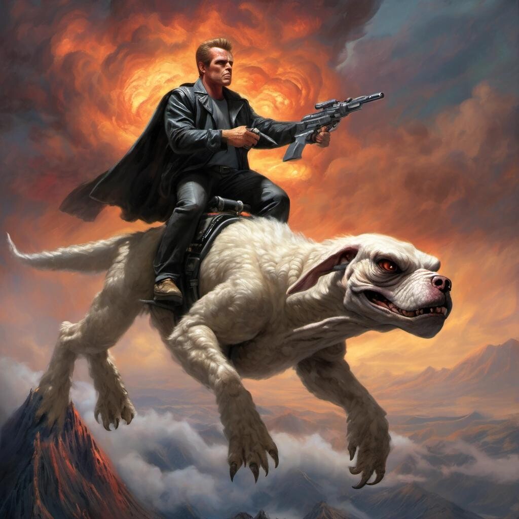 featured: The Terminator riding Falcor over Mount Doom in the style of Thomas Kinkade.