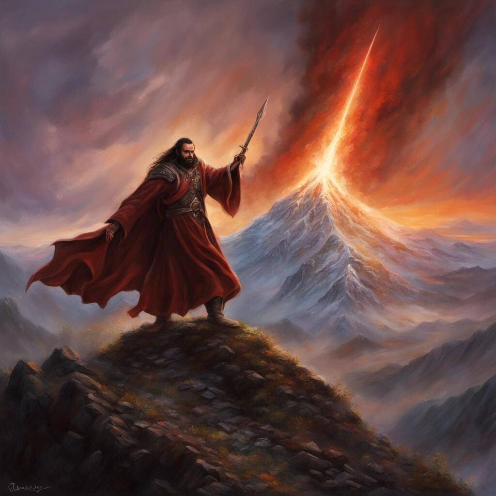 featured: a Klingon warrior wearing a robe and climbing the slope of Mount Doom in the style of Thomas Kinkade