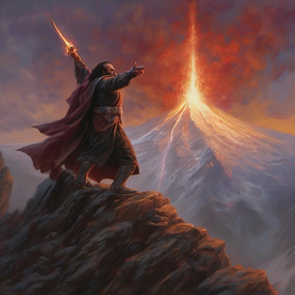 Image with seed 1170940779 generated via Stable Diffusion through @stablehorde@sigmoid.social. Prompt: a Klingon warrior wearing a robe and climbing the slope of Mount Doom in the style of Thomas Kinkade