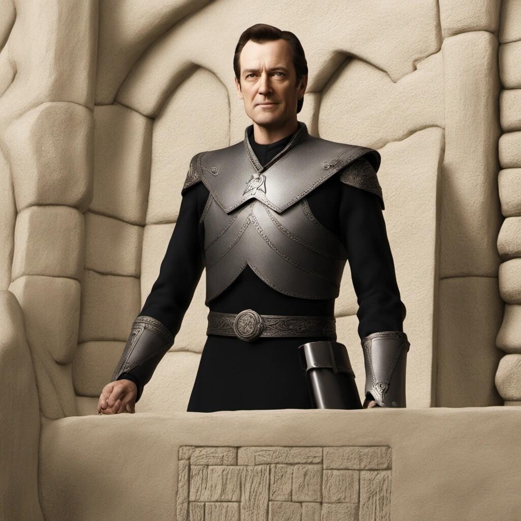 Image with seed 1826870999 generated via Stable Diffusion through @stablehorde@sigmoid.social. Prompt: Lieutenant Commander Data looking triumphant on the wall of Minas Tirith