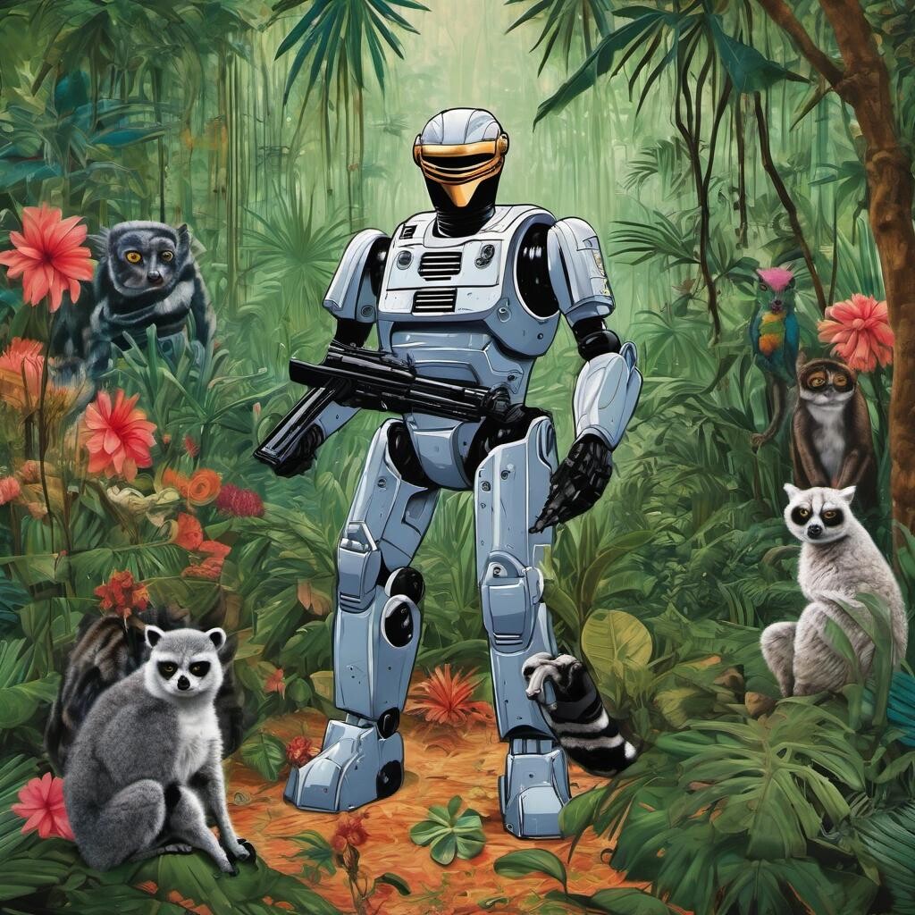 featured: Robocop frowning in the jungle surrounded by lemurs in the style of Frida Kahlo.