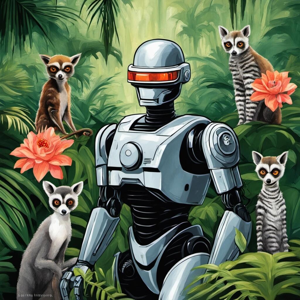 Image with seed 580447827 generated via Stable Diffusion through @stablehorde@sigmoid.social. Prompt: Robocop frowning in the jungle surrounded by lemurs in the style of Frida Kahlo.