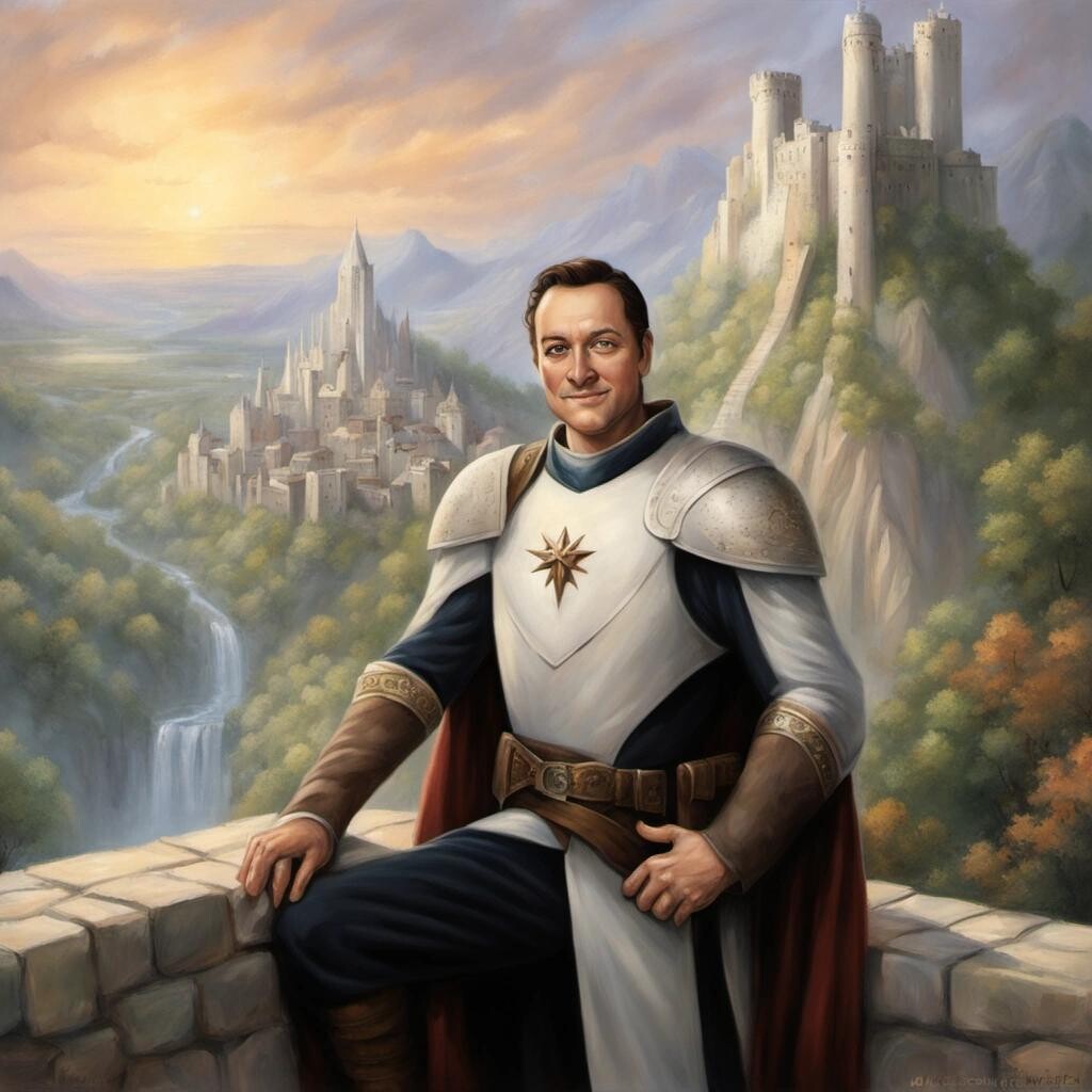 featured: Lieutenant Commander Data looking triumphant on the walls of Minas Tirith in the style of Thomas Kinkade