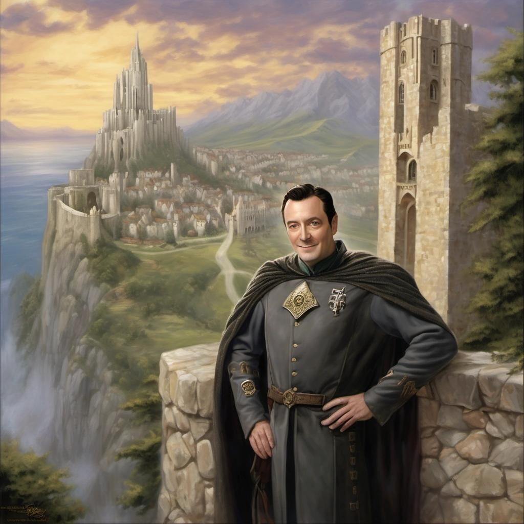 Image with seed 1549197321 generated via Stable Diffusion through @stablehorde@sigmoid.social. Prompt: Lieutenant Commander Data looking triumphant on the walls of Minas Tirith in the style of Thomas Kinkade