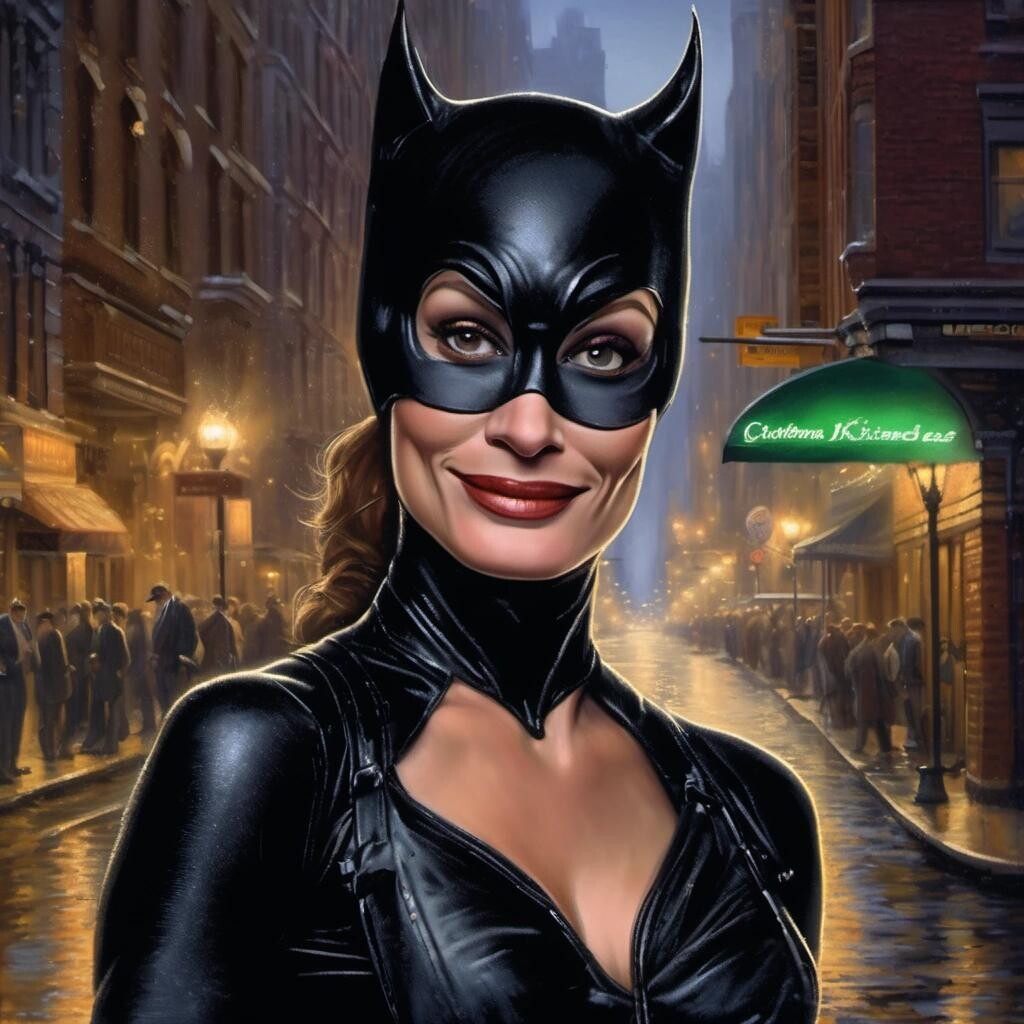 featured: Julia Roberts dressed as Catwoman on a dimly lit street in Gotham in the style of Thomas Kinkade.