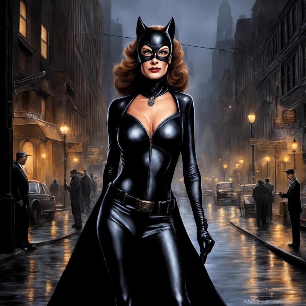 Image with seed 317269212 generated via Stable Diffusion through @stablehorde@sigmoid.social. Prompt: Julia Roberts dressed as Catwoman on a dimly lit street in Gotham in the style of Thomas Kinkade.