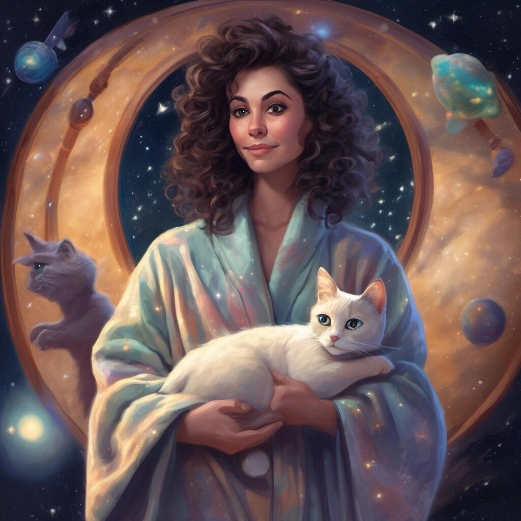 featured: Nuit wearing a robe and holding a cat in space in the style of Thomas Kinkade