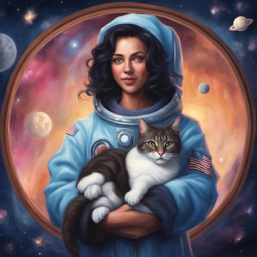 Image with seed 2400781281 generated via Stable Diffusion through @stablehorde@sigmoid.social. Prompt: Nuit wearing a robe and holding a cat in space in the style of Thomas Kinkade