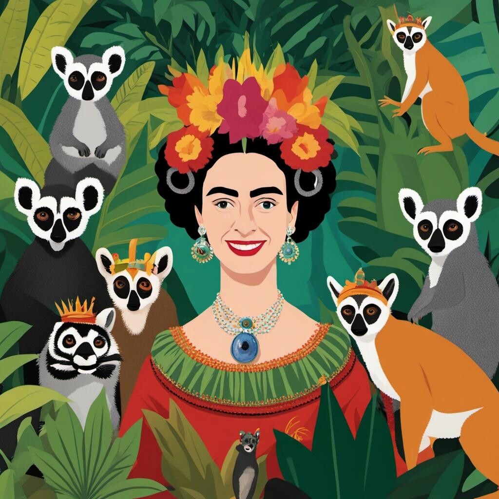 featured: Queen Elizabeth wearing a crown smiling in the jungle surrounded by lemurs in the style of Frida Kahlo.