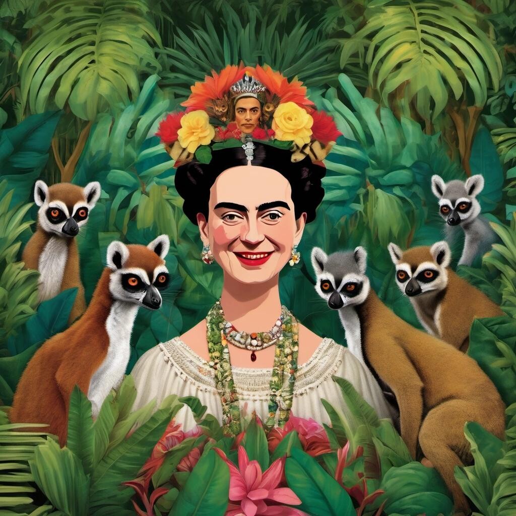 Image with seed 2859226942 generated via Stable Diffusion through @stablehorde@sigmoid.social. Prompt: Queen Elizabeth wearing a crown smiling in the jungle surrounded by lemurs in the style of Frida Kahlo.