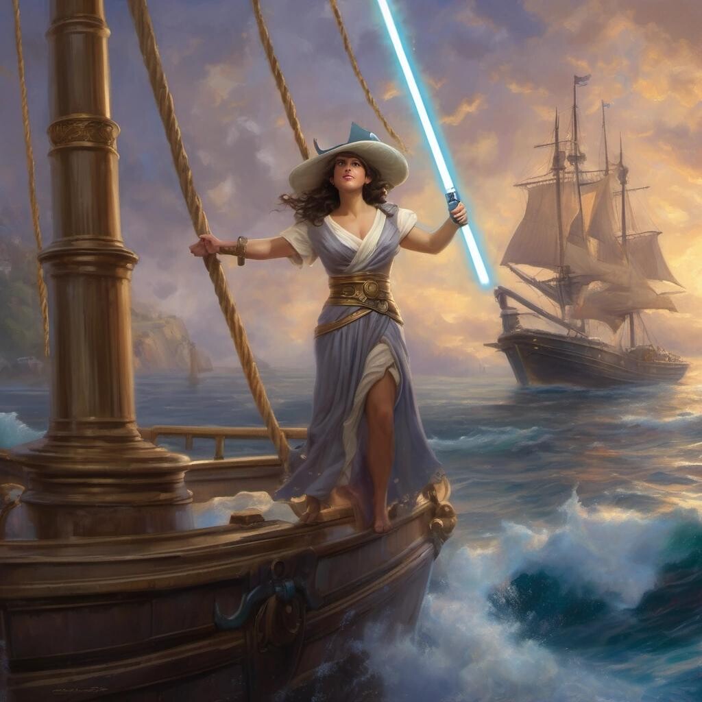 featured: Athena wielding a light saber and standing on the bow of a ship in the style of Thomas Kinkade