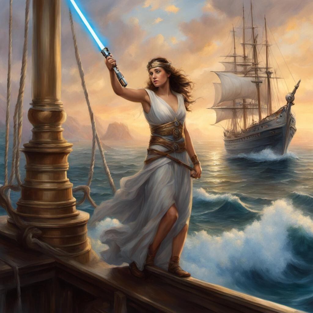 Image with seed 53811839 generated via Stable Diffusion through @stablehorde@sigmoid.social. Prompt: Athena wielding a light saber and standing on the bow of a ship in the style of Thomas Kinkade