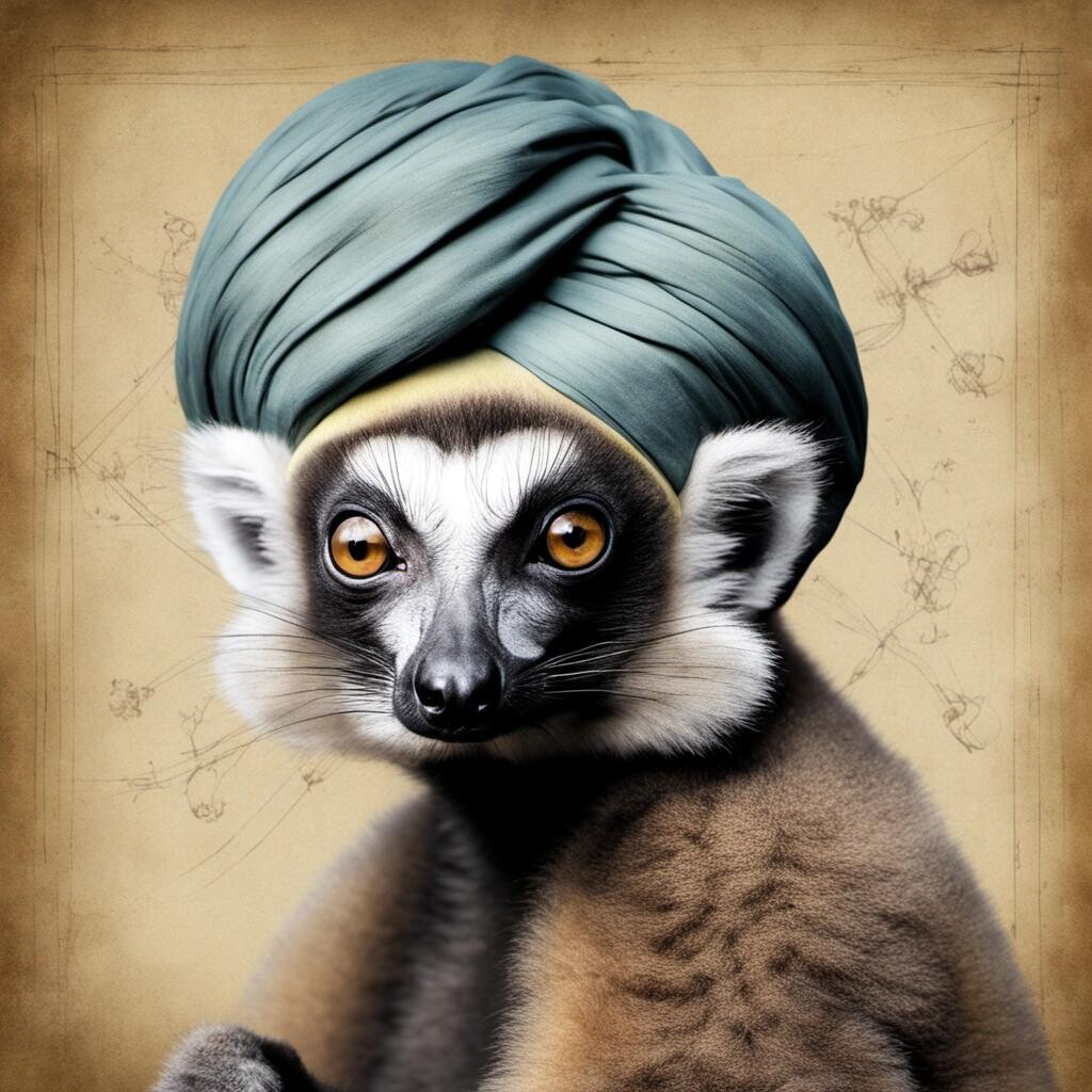 featured: a lemur wearing a turban in the style of Leonardo da Vinci.