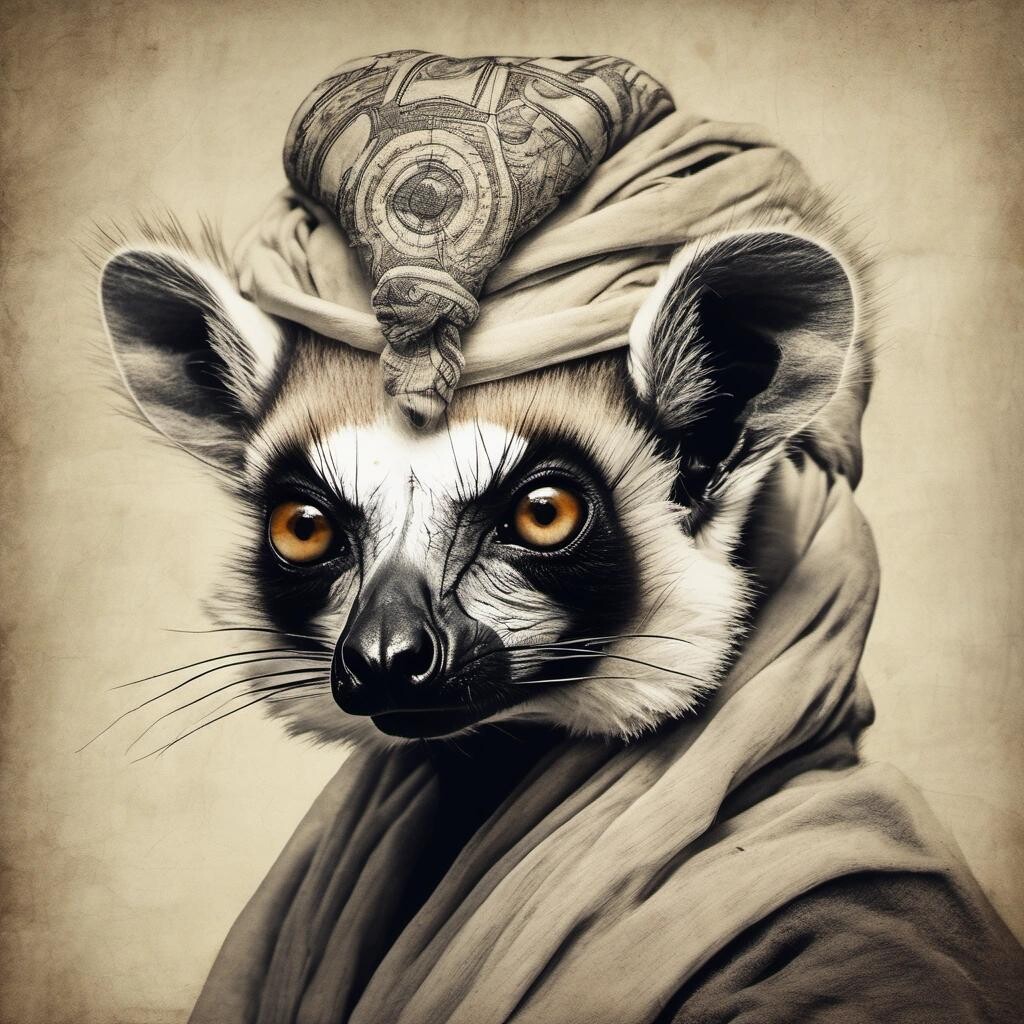 Image with seed 1595896122 generated via Stable Diffusion through @stablehorde@sigmoid.social. Prompt: a lemur wearing a turban in the style of Leonardo da Vinci.