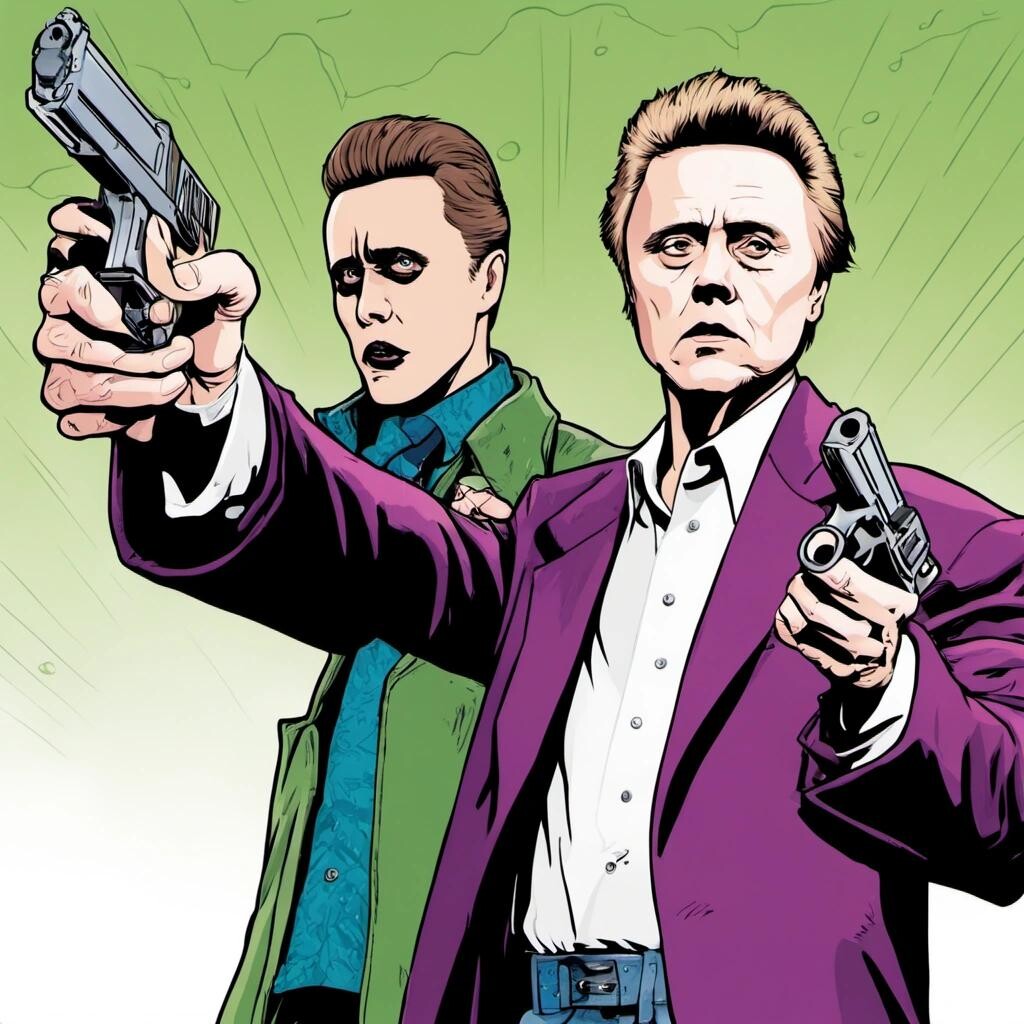 featured: Christopher Walken brandishing a pistol to Justin Bieber in the style of a comic book villain.