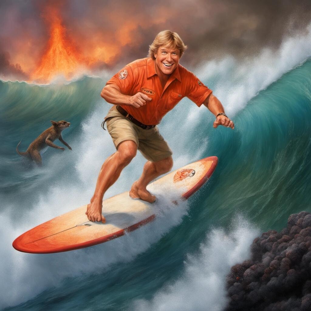 featured: Steve Irwin surfing through lava in the style of Thomas Kinkade.