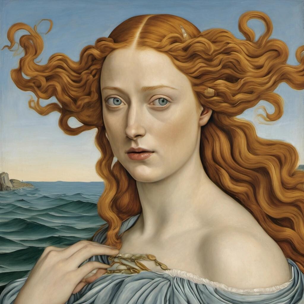 Image with seed 332974572 generated via Stable Diffusion through @stablehorde@sigmoid.social. Prompt: Sansa Stark as The Birth of Venus by Sandro Botticelli