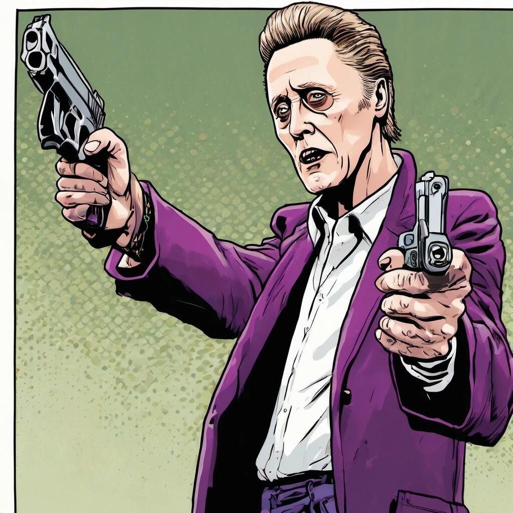 Image with seed 1682642618 generated via Stable Diffusion through @stablehorde@sigmoid.social. Prompt: Christopher Walken brandishing a pistol to Justin Bieber in the style of a comic book villain.