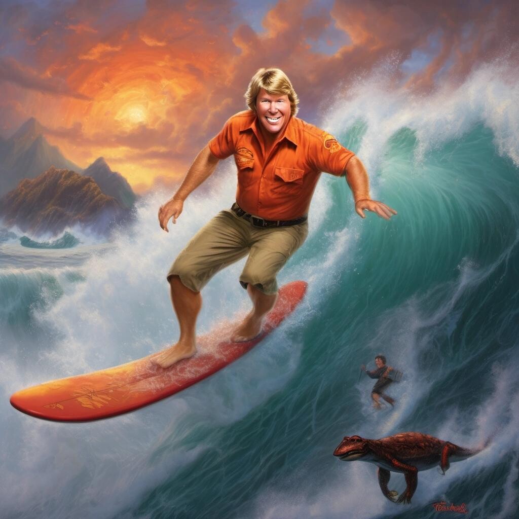 Image with seed 992930771 generated via Stable Diffusion through @stablehorde@sigmoid.social. Prompt: Steve Irwin surfing through lava in the style of Thomas Kinkade.