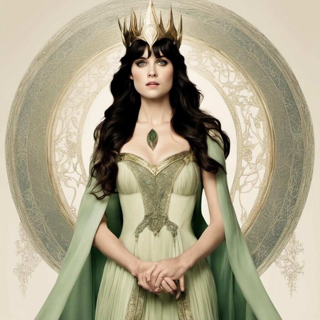 Image with seed 4127099910 generated via Stable Diffusion through @stablehorde@sigmoid.social. Prompt: Zooey Deschanel as High Elven Queen