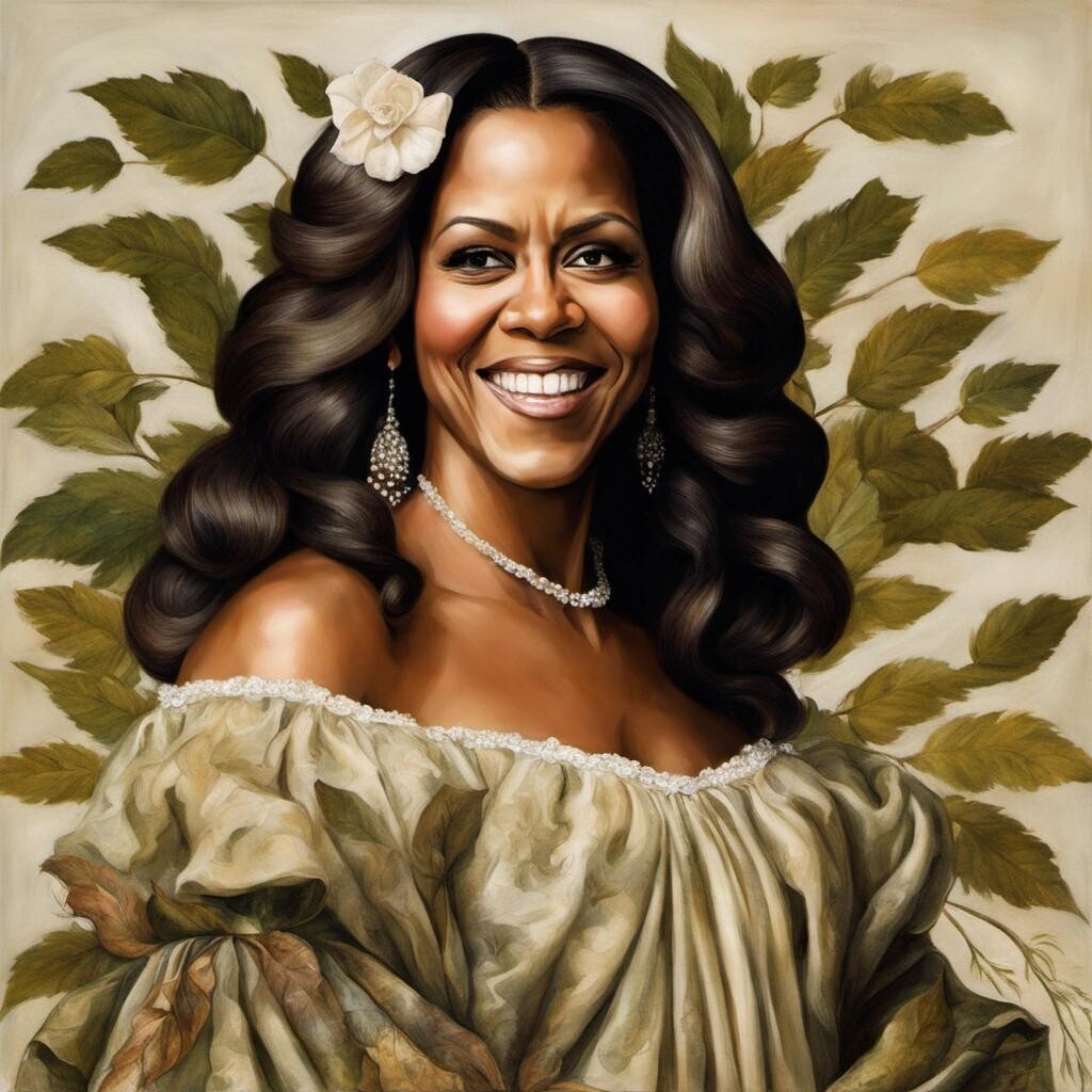 featured: Michelle Obama as a wood nymph in the style of Botticelli.