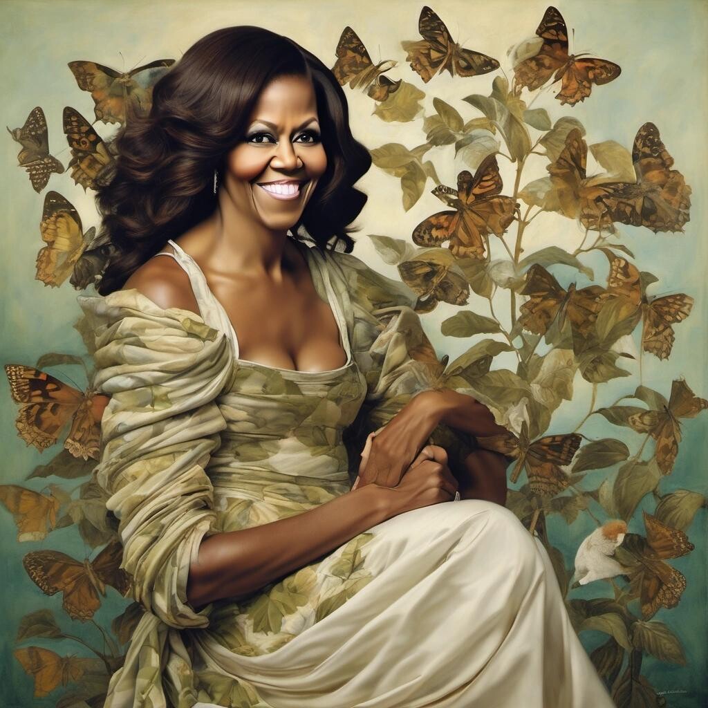 Image with seed 3434954698 generated via Stable Diffusion through @stablehorde@sigmoid.social. Prompt: Michelle Obama as a wood nymph in the style of Botticelli.