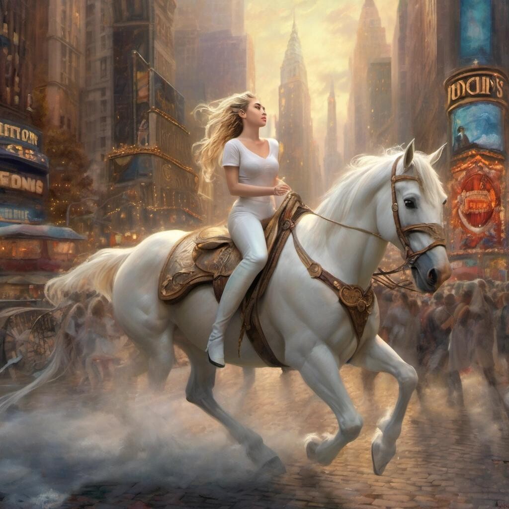 Image with seed 4041295834 generated via Stable Diffusion through @stablehorde@sigmoid.social. Prompt: Miley Cyrus as Lady Godiva riding a white horse through Time’s Square in the style of Thomas Kinkade.