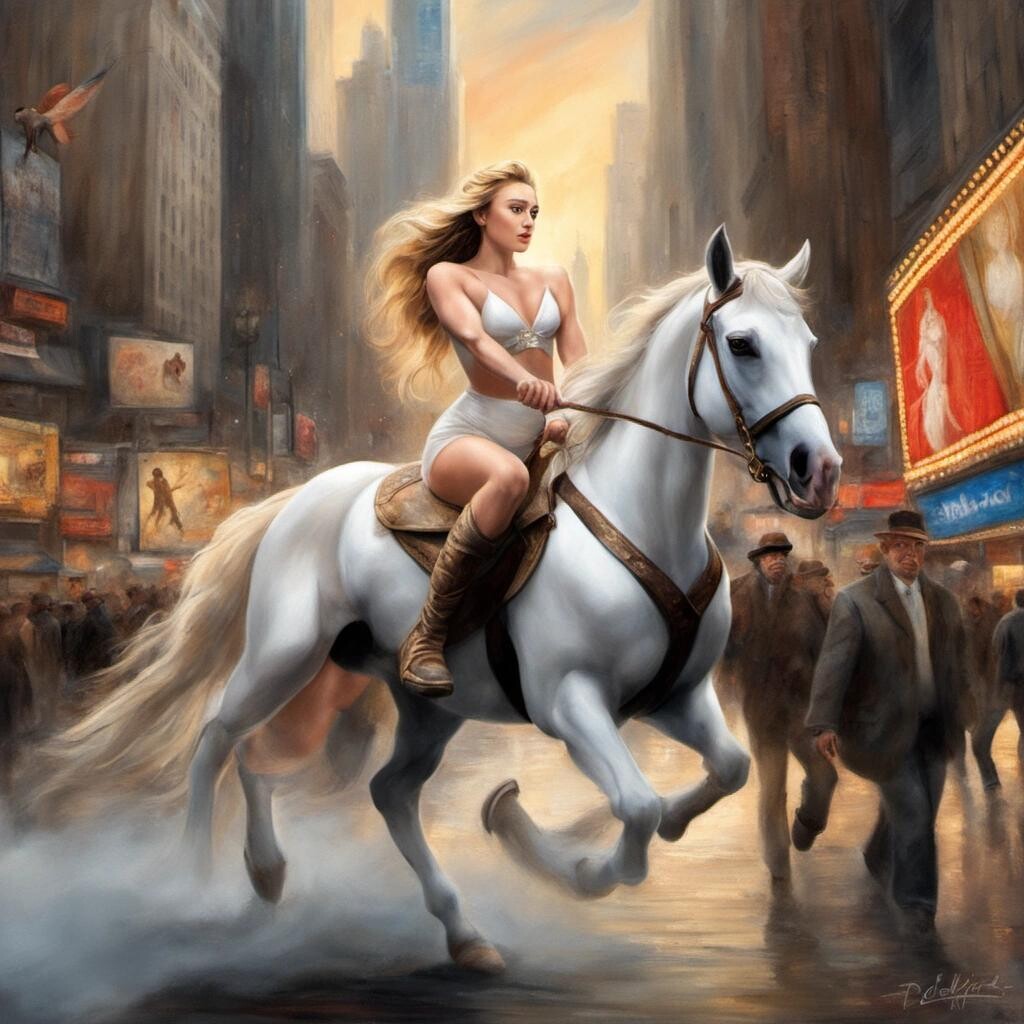 Image with seed 4041295834 generated via Stable Diffusion through @stablehorde@sigmoid.social. Prompt: Miley Cyrus as Lady Godiva riding a white horse through Time’s Square in the style of Thomas Kinkade.