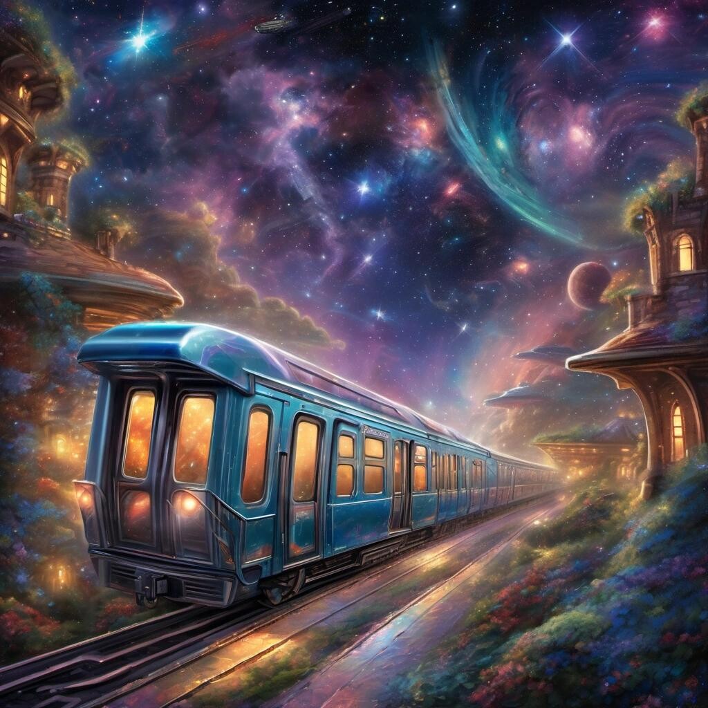 featured: an intergalactic subway train shrouded in stardust while traveling through outer space in the style of Thomas Kinkade.