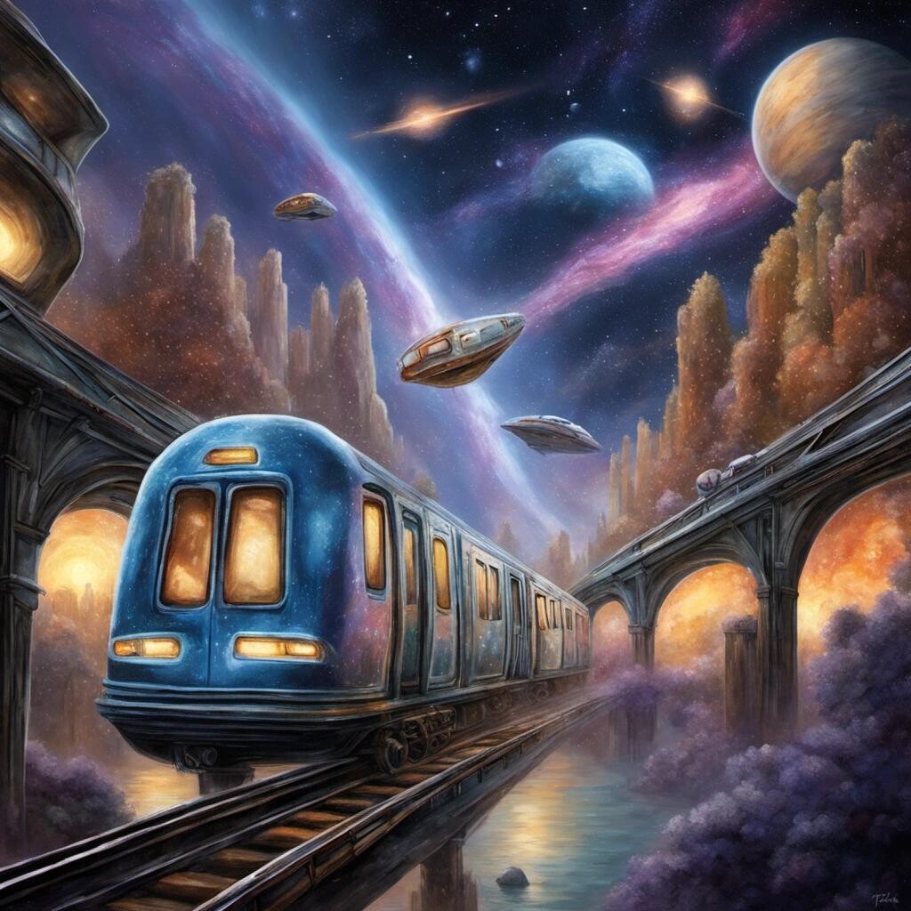 Image with seed 2509533941 generated via Stable Diffusion through @stablehorde@sigmoid.social. Prompt: an intergalactic subway train shrouded in stardust while traveling through outer space in the style of Thomas Kinkade.